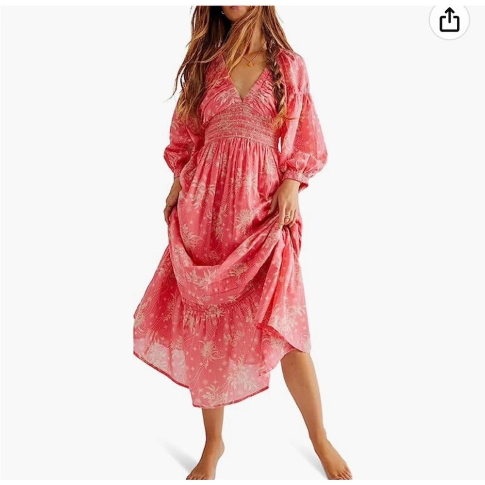 Free People Golden Hour Maxi Dress Smocked Romantic Boho Coastal Pink Floral- Sm